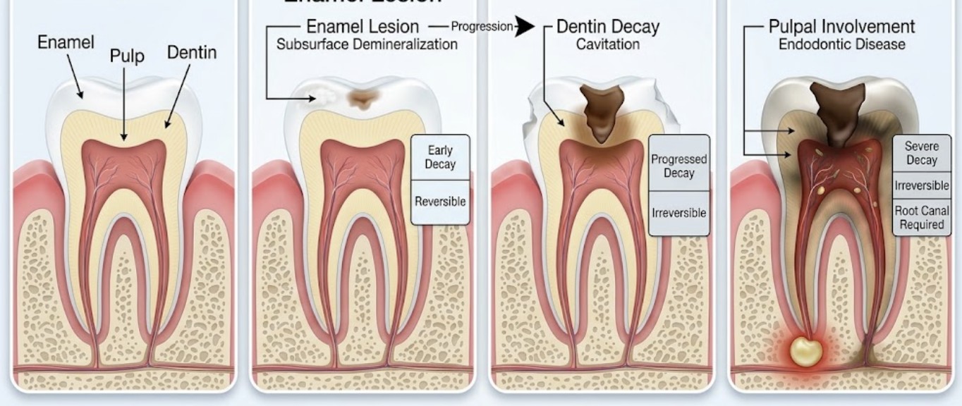 Diagram showing the progression of tooth decay from a healthy tooth through an enamel lesion, dentin decay, and pulpal involvement requiring a root canal