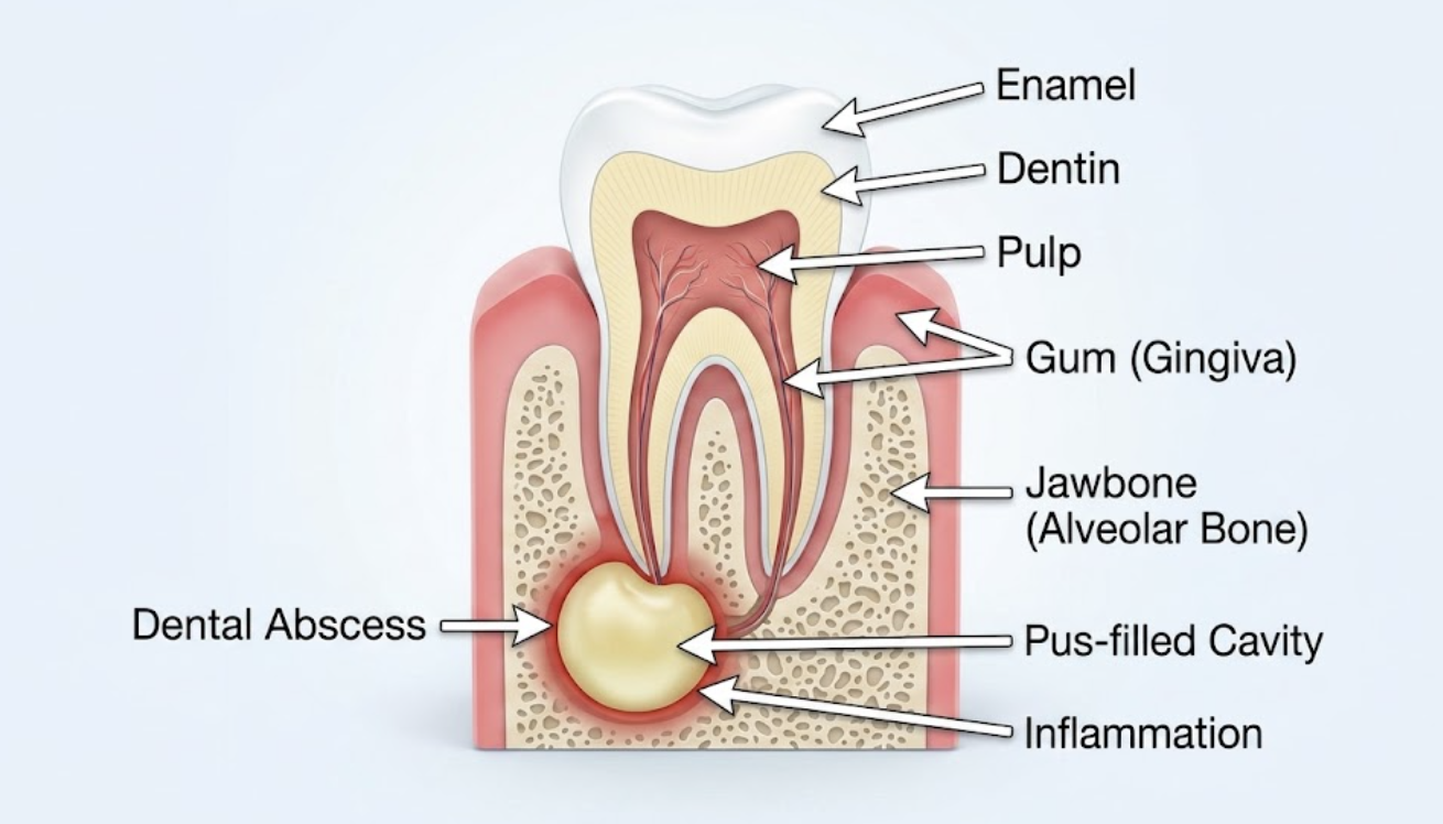 Diagram of a dental abscess showing the enamel, dentin, pulp, gum, and jawbone, with a pus-filled cavity and inflammation at the root tip