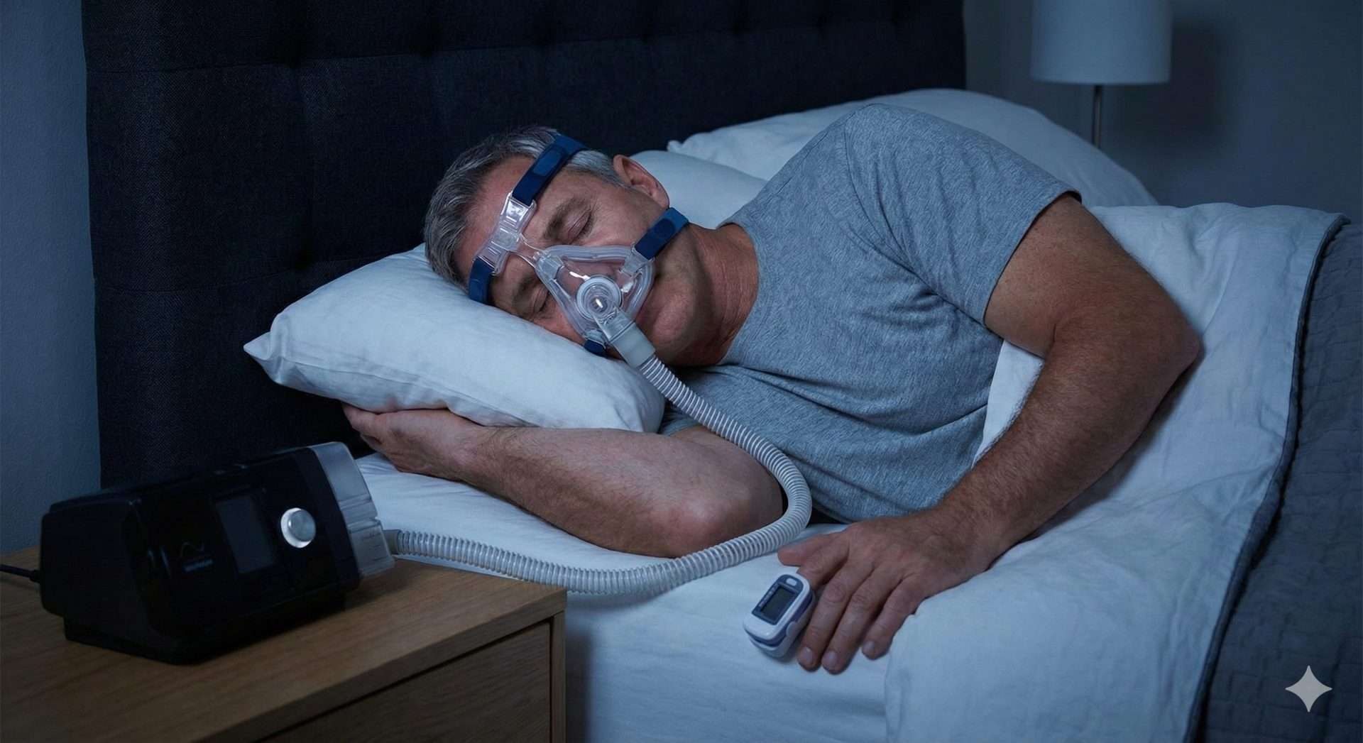 A patient sleeping while wearing a full CPAP mask connected to a hose and machine