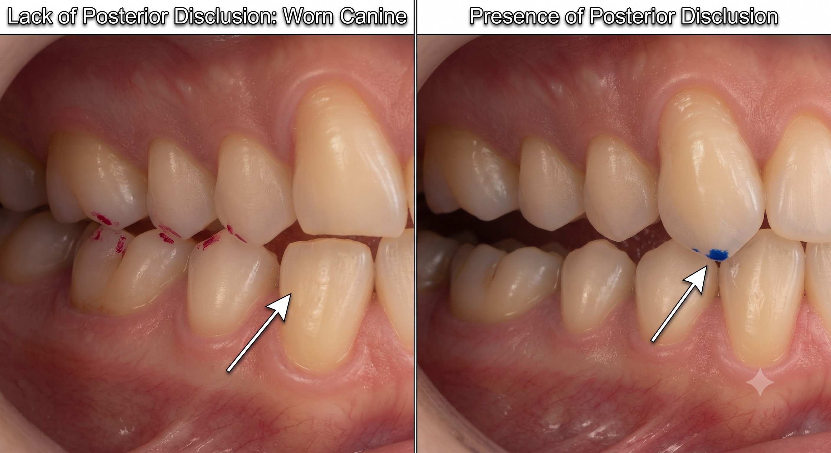 Marking-paper comparison showing lack of posterior disclusion with a worn canine versus proper posterior disclusion with a restored canine