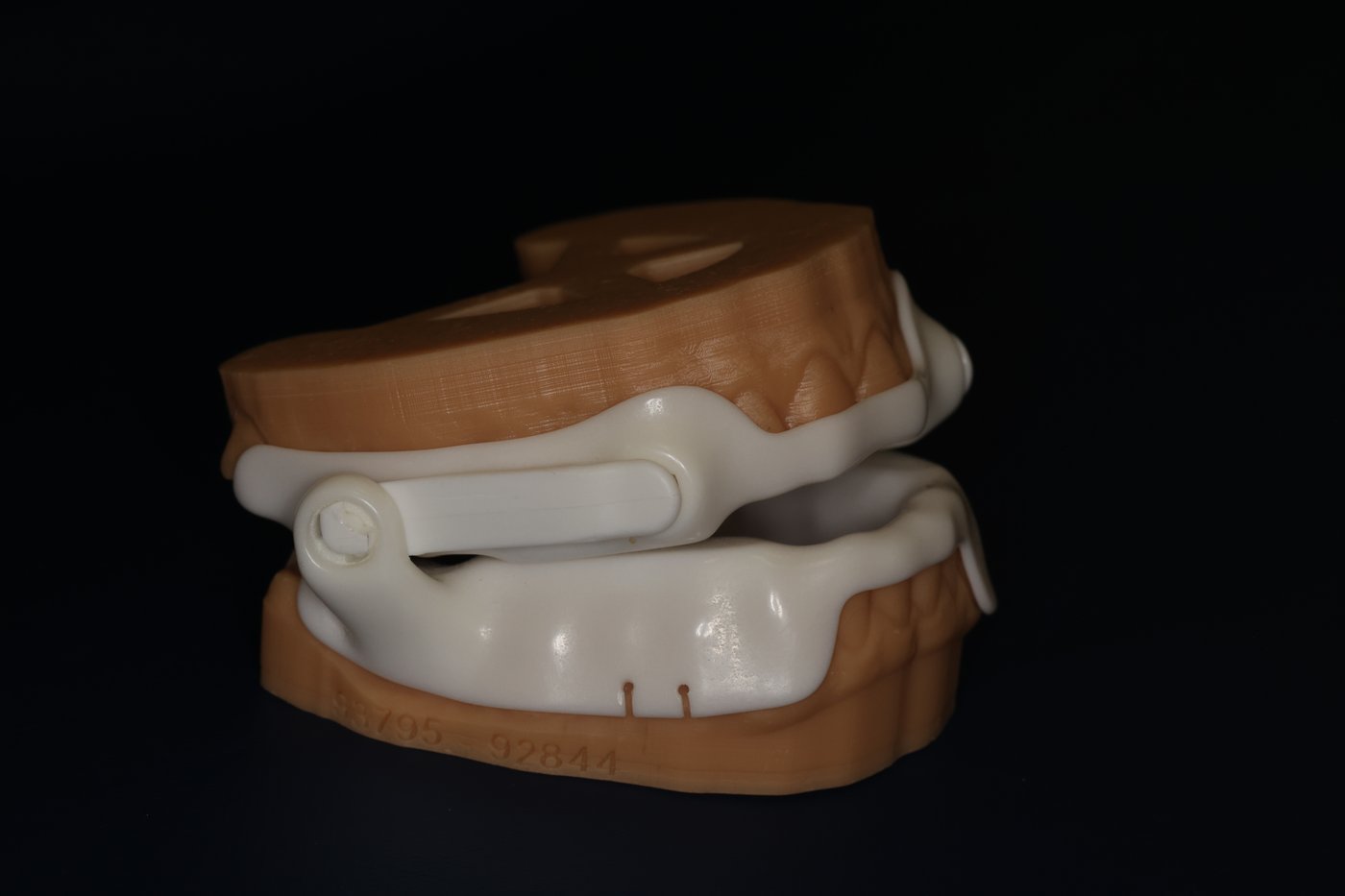 The Panthera oral appliance fitted on a dental model, side (buccal) view